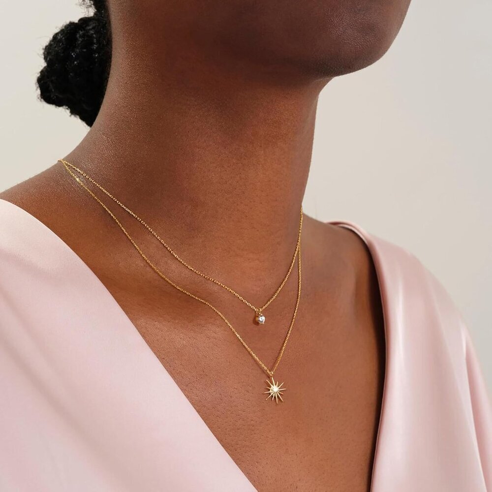 Women's 18 Sun Star CZ 14K Gold Silver Cross Necklace - Non Tarnish Jewelry - Picture 3 of 8